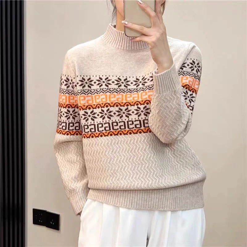 2179提花时尚套头针织衫秋冬款半高领棋盘格洋气宽松百搭毛衣