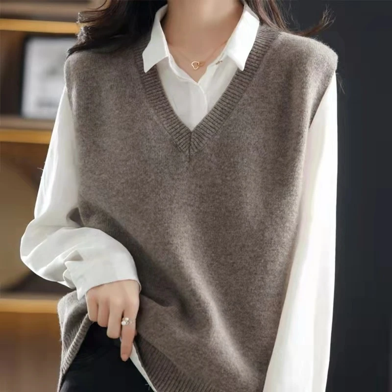 1685女V领马甲宽松大码针织衫百搭套头纯色新款薄款打底马甲