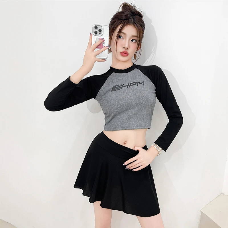 泳衣女分体长袖运动两件套新款韩版简约学生保守显瘦泡温泉游泳衣