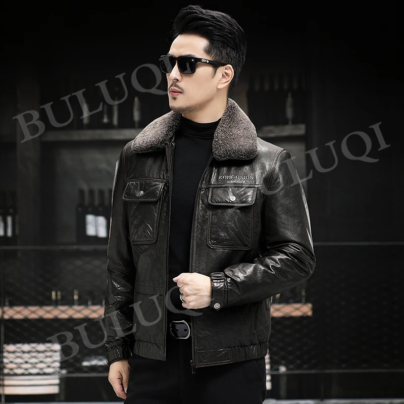 “清仓”26102牛皮秋冬羽绒内胆男士真皮皮衣夹克外套保暖翻领