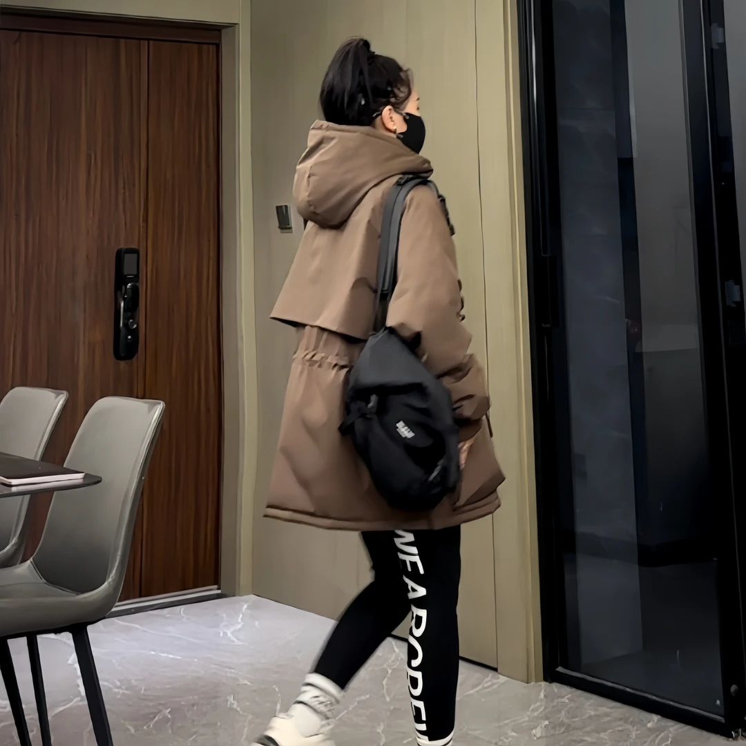 棉衣女中长款加厚大码韩版连帽新款休闲工装冬季百搭保暖外套2307