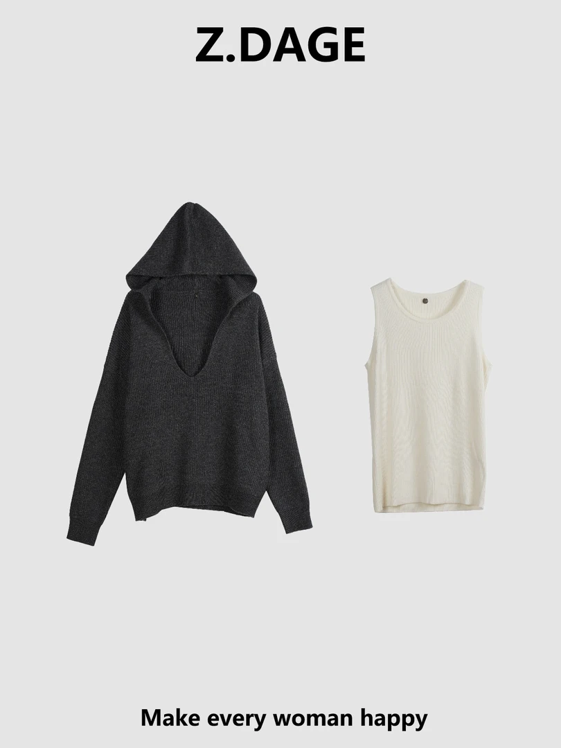 Z.DAGE“沧澜”绵羊毛连帽毛衣背心套装女冬季时尚百搭两件套-23205