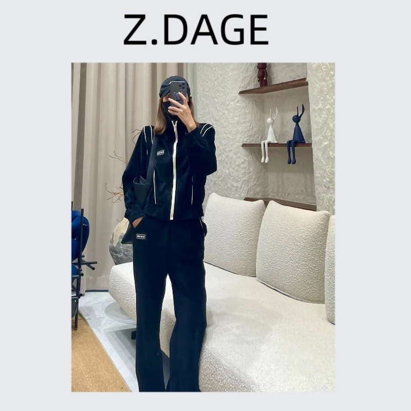Z.DAGE“时尚套装”两件套小字母拉链长袖上衣丝绒休闲裤套装-56327