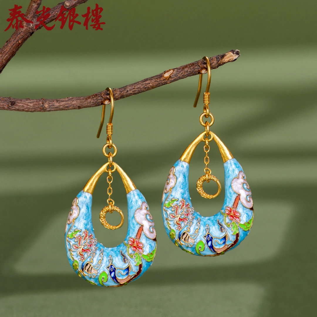 泰光银楼 925银珐琅耳饰 925银景泰蓝喜上眉梢耳坠水滴形国风耳饰