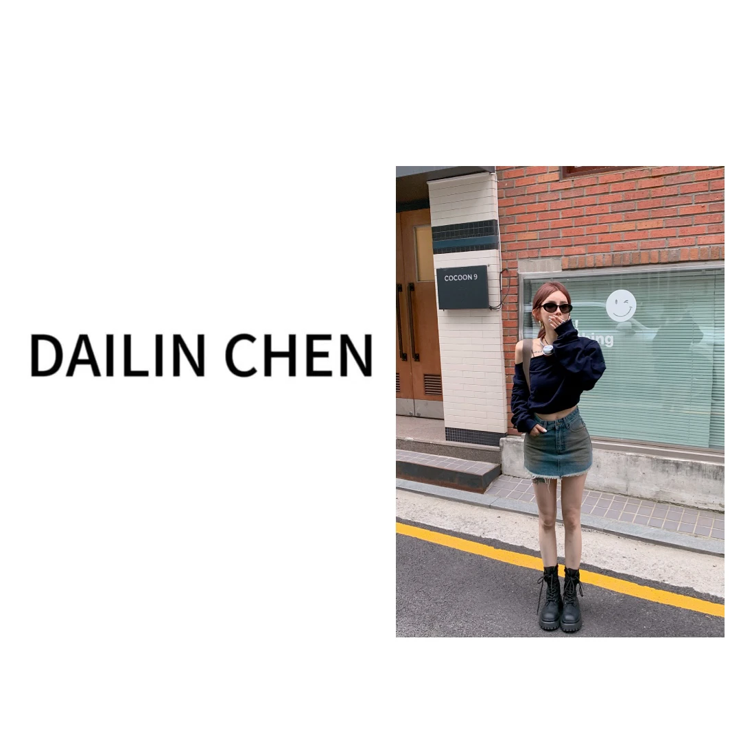 陈黛黛【漫不经心】秋日新款藏青斜肩露单肩卫衣