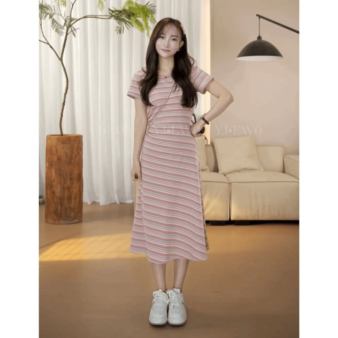 （周周小个子）夏季新款韩版休闲条纹减龄显瘦修身连衣裙-8013