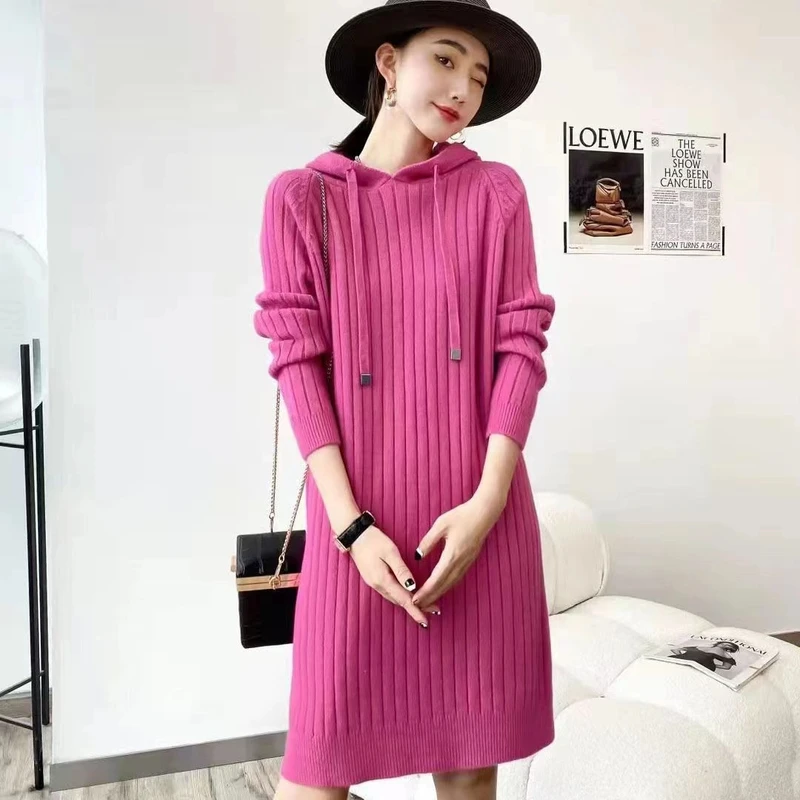 爆款秋冬连帽针织毛衣裙女韩版宽松2024新款中长款显瘦连衣裙打底