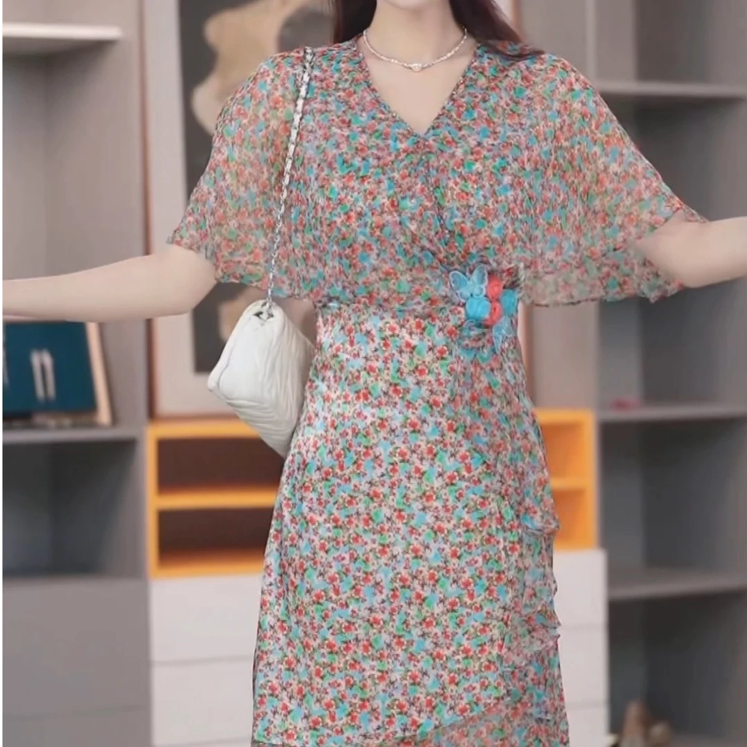 【乖瑶】时尚气质V领披肩收腰显瘦夏季新款连衣裙女 65100-Q
