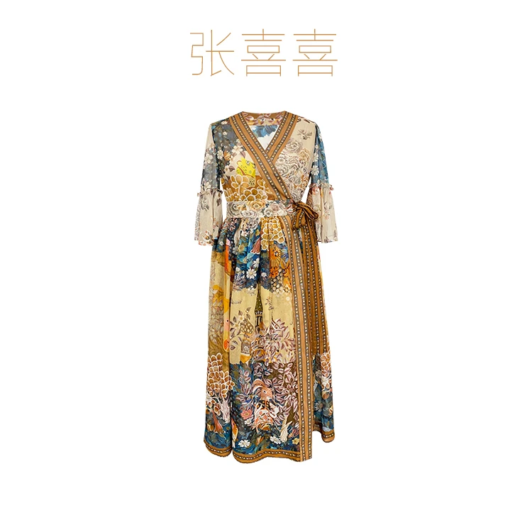 【乖瑶】时尚气质长袖印花一片式真丝春夏新款连衣裙 69223-1