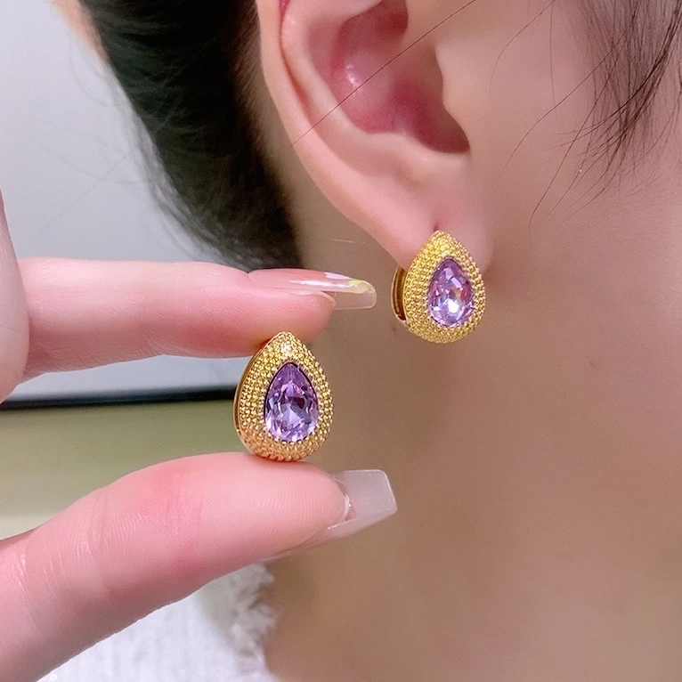 铜合金合成锆石耳饰 时尚轻奢简约气质紫色水滴优雅精致百搭耳环