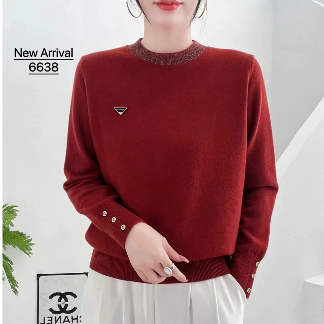 恒贤羊2024冬季新款小圆领烫钻套头衫时尚高级纯色