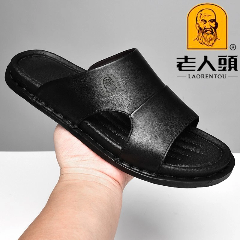 老人头男士拖鞋真皮防滑耐磨防水一字拖外穿头层牛皮软底沙滩凉鞋