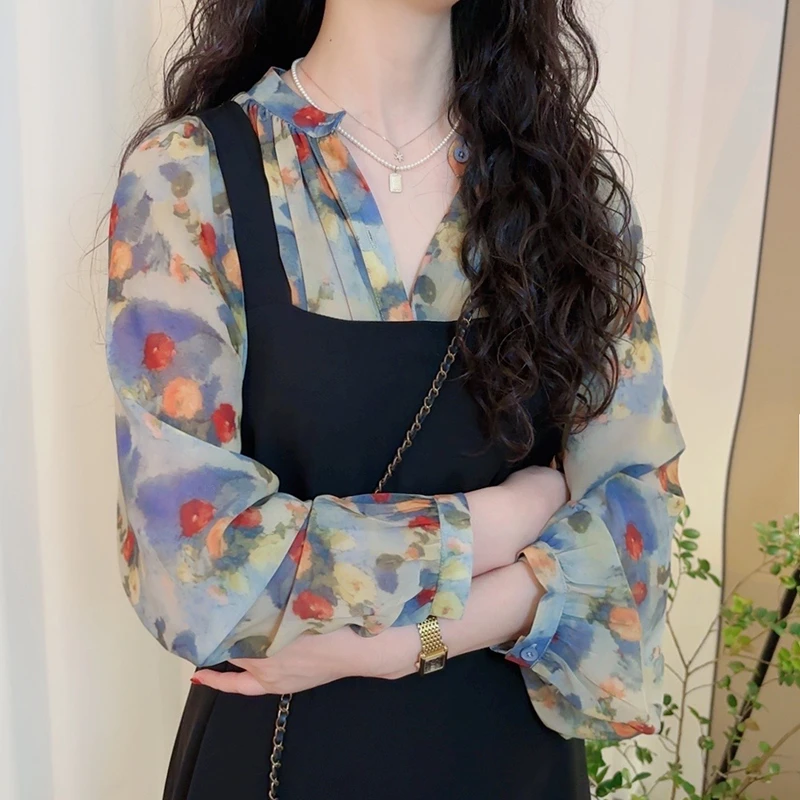 莫奈花园风晕染衬衫搭配冰丝西装背带裙套装