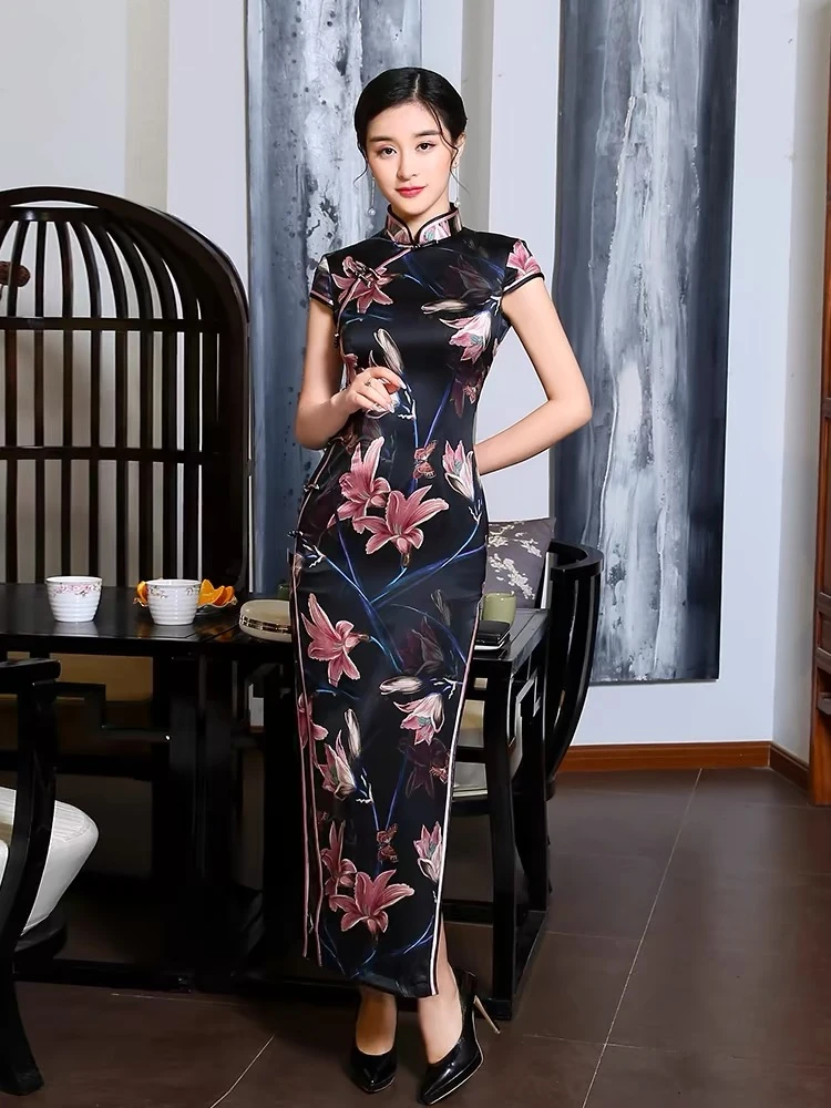 香水百合-高端桑蚕丝中式中国风旗袍高档宴会出席高贵上档次旗袍