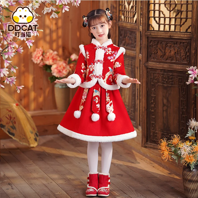 叮当猫女童汉服拜年服新年套装裙古风过年喜庆冬季童装中国风套装