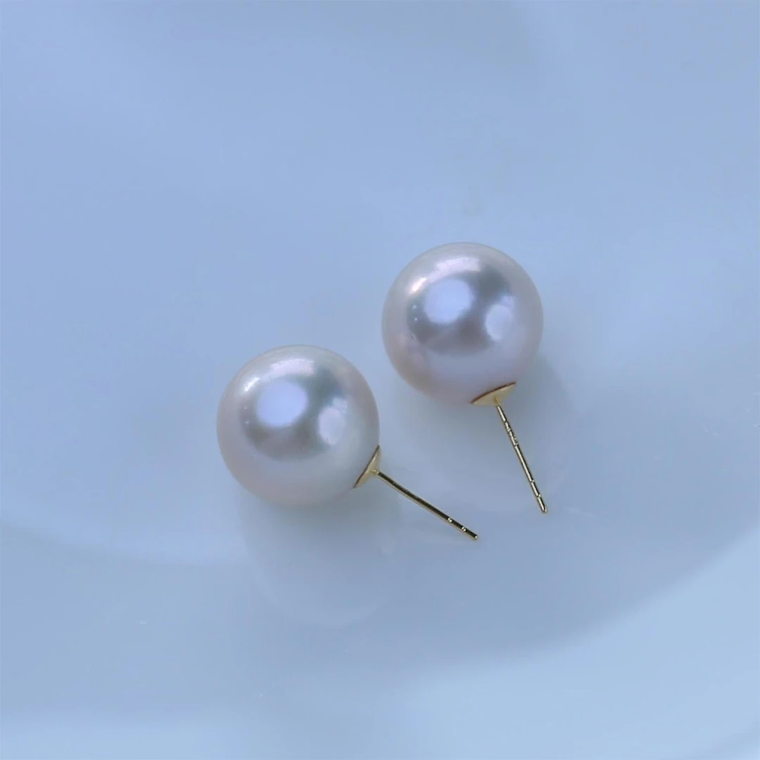 淡水珍珠18K素耳钉14-15mm简约气质