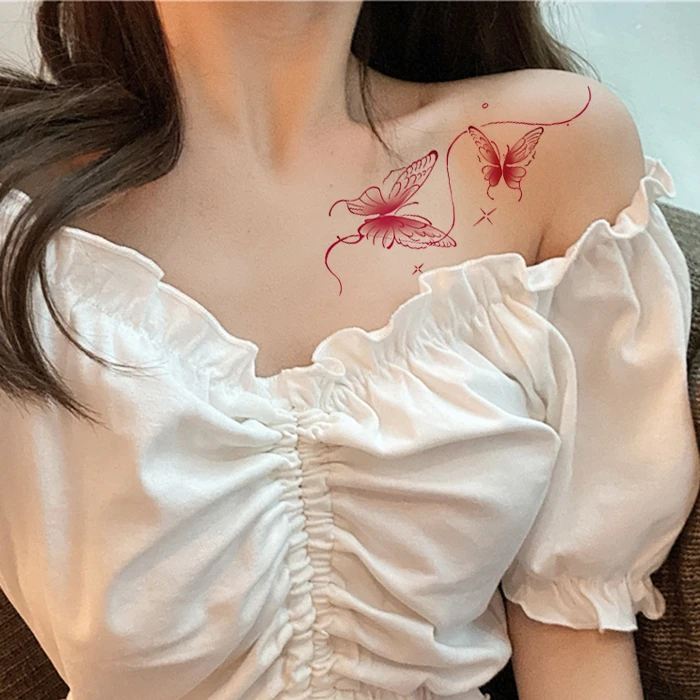 蝴蝶纹身贴粉色梦幻防水仿真女锁骨手臂腿部仿真贴纸2张
