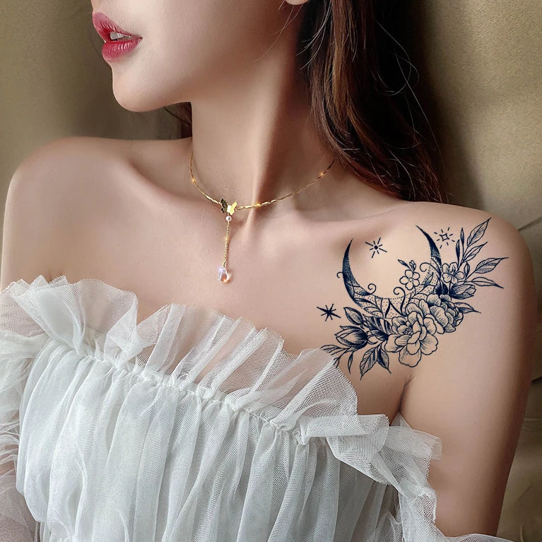 牡丹花草本纹身贴女防水持久不反光腿部高级感果汁半永久仿真贴纸
