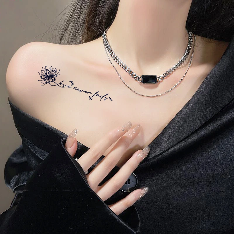 彼岸花草本纹身贴防水持久纹身半永久贴纸女锁骨英文高级感仿真