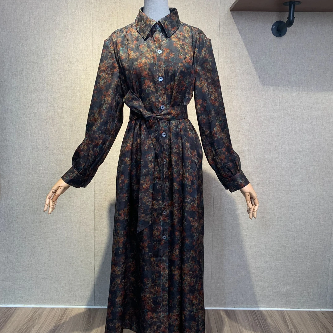 手工装饰线迹复古灯笼袖衬衫袍裙（非成衣、仅制作工费定金）