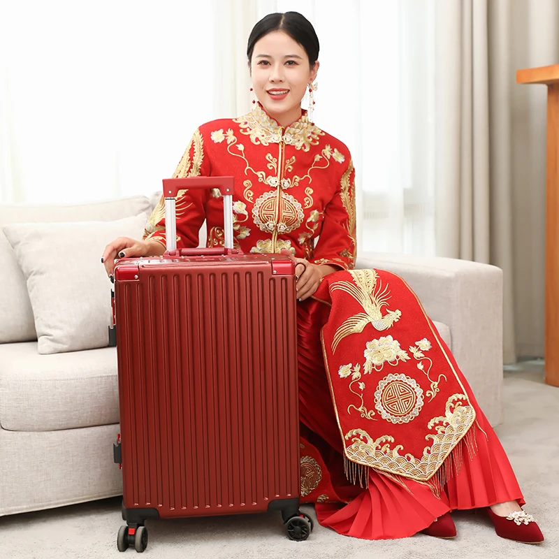 结婚行李箱陪嫁箱红色箱子拉杆箱女皮箱婚礼用密码新娘嫁妆旅行箱