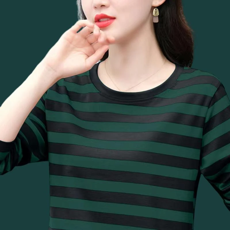 条纹长袖T恤女2024春装新款韩版大码妈妈圆领棉质体恤打底衫上衣