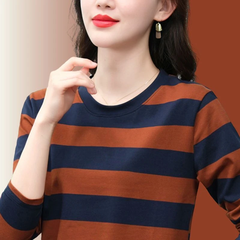 棉质简约妈妈装条纹长袖t恤女宽松内搭打底衫2025年新款春装秋季