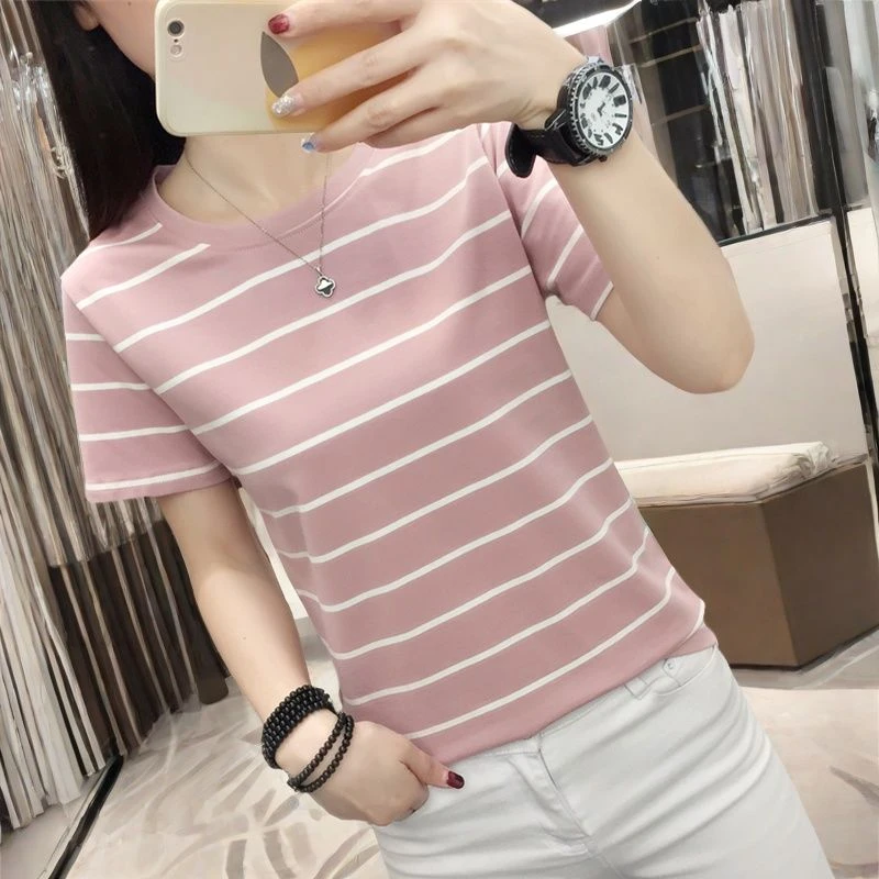 2024新款正肩条纹短袖T恤女夏装百搭洋气棉质宽松大码半袖上衣服