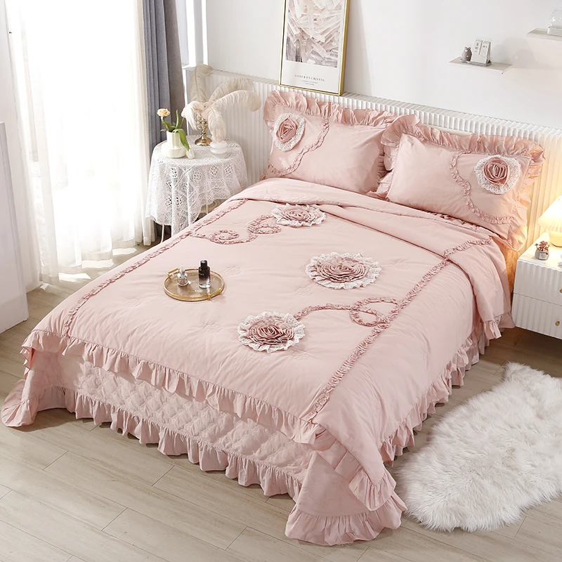 欣馨玥 富贵花开纯棉四件套韩版韩式少女公主风床罩纯色床上用品