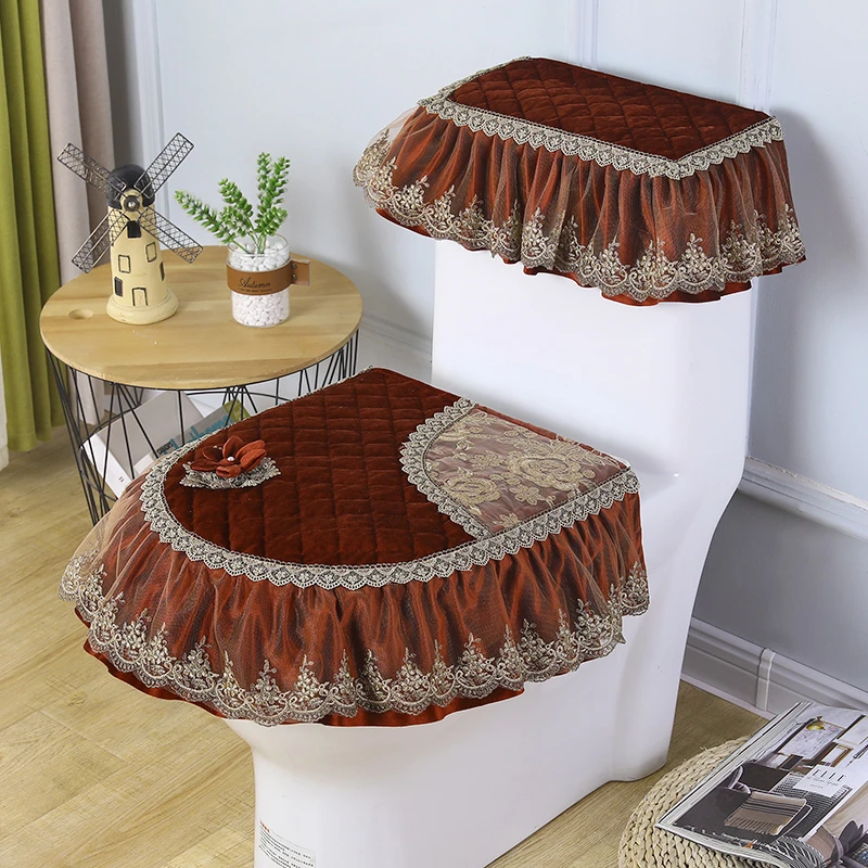 欧式田园风蕾丝布艺马桶罩三件套卫生间拉链坐垫圈马桶坐便器套子