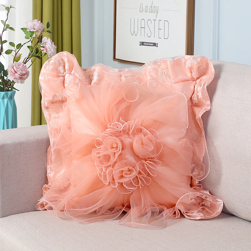 蕾丝方形抱枕套粉红色靠垫欧式家居沙发不含芯汽车柔软靠枕套