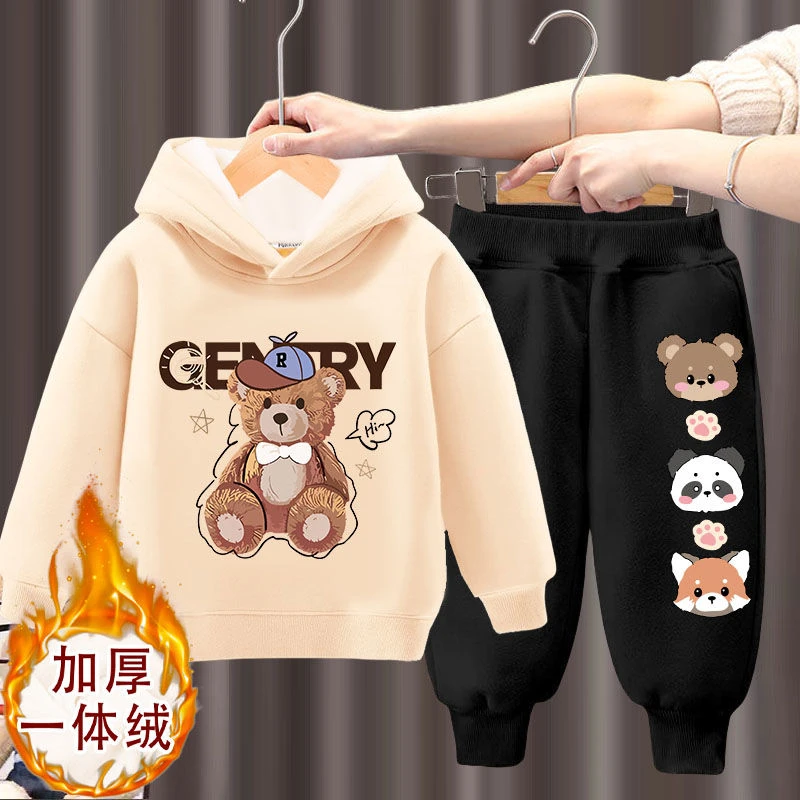 男童加绒套装冬季新款洋气女童保暖衣服一体绒加厚卫衣卫裤两件套