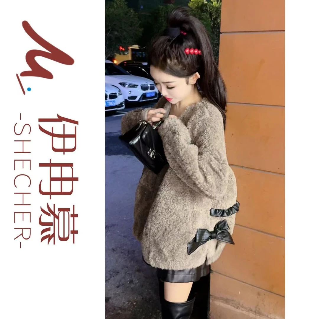 【伊冉慕】欧货24冬季新款蝴蝶结拼接毛毛厚百搭显瘦8852纯色外套