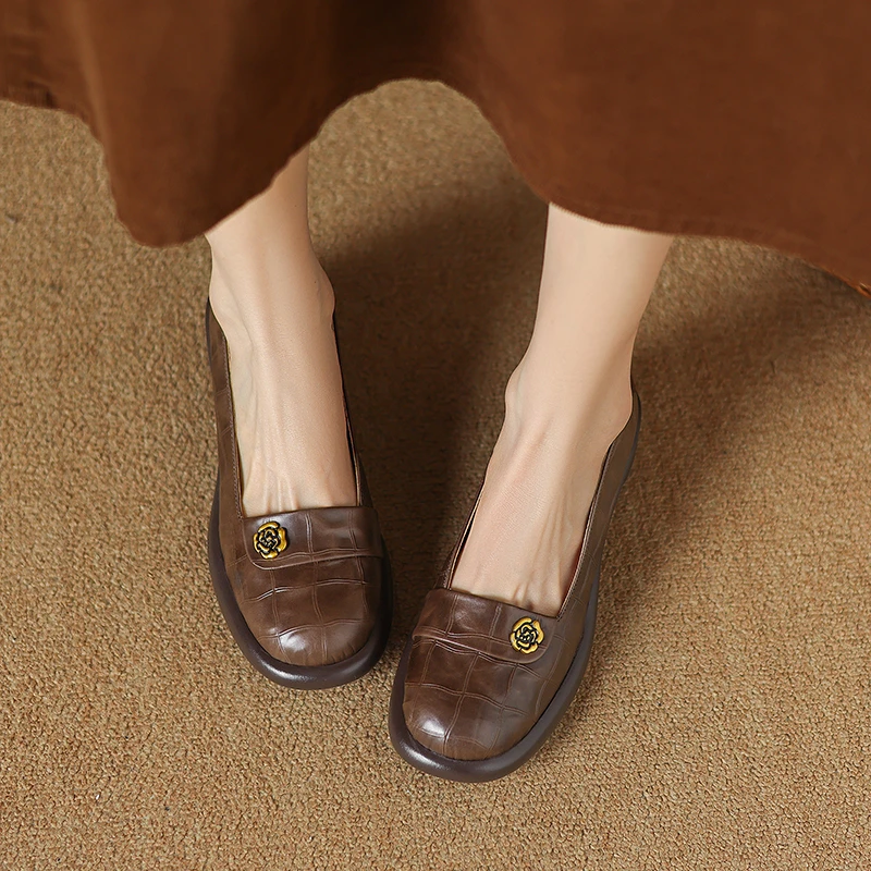 牛皮/5cm/春秋舒适百搭真皮软底复古粗跟平底山茶花浅口单鞋女鞋