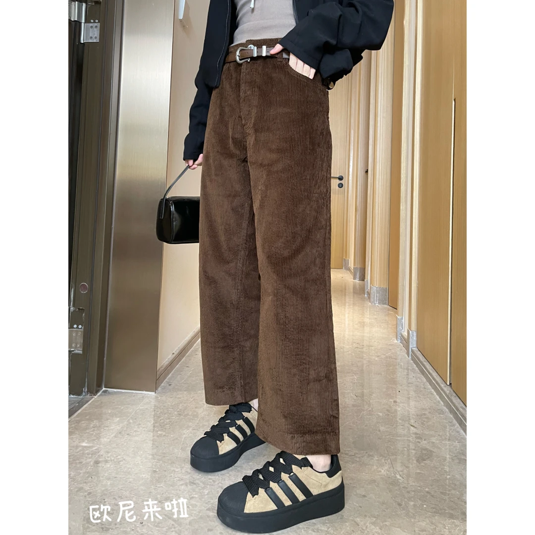 欧尼家【灯芯裤】有腰带早秋新款藏肉时尚百搭宽松显瘦休闲九分裤