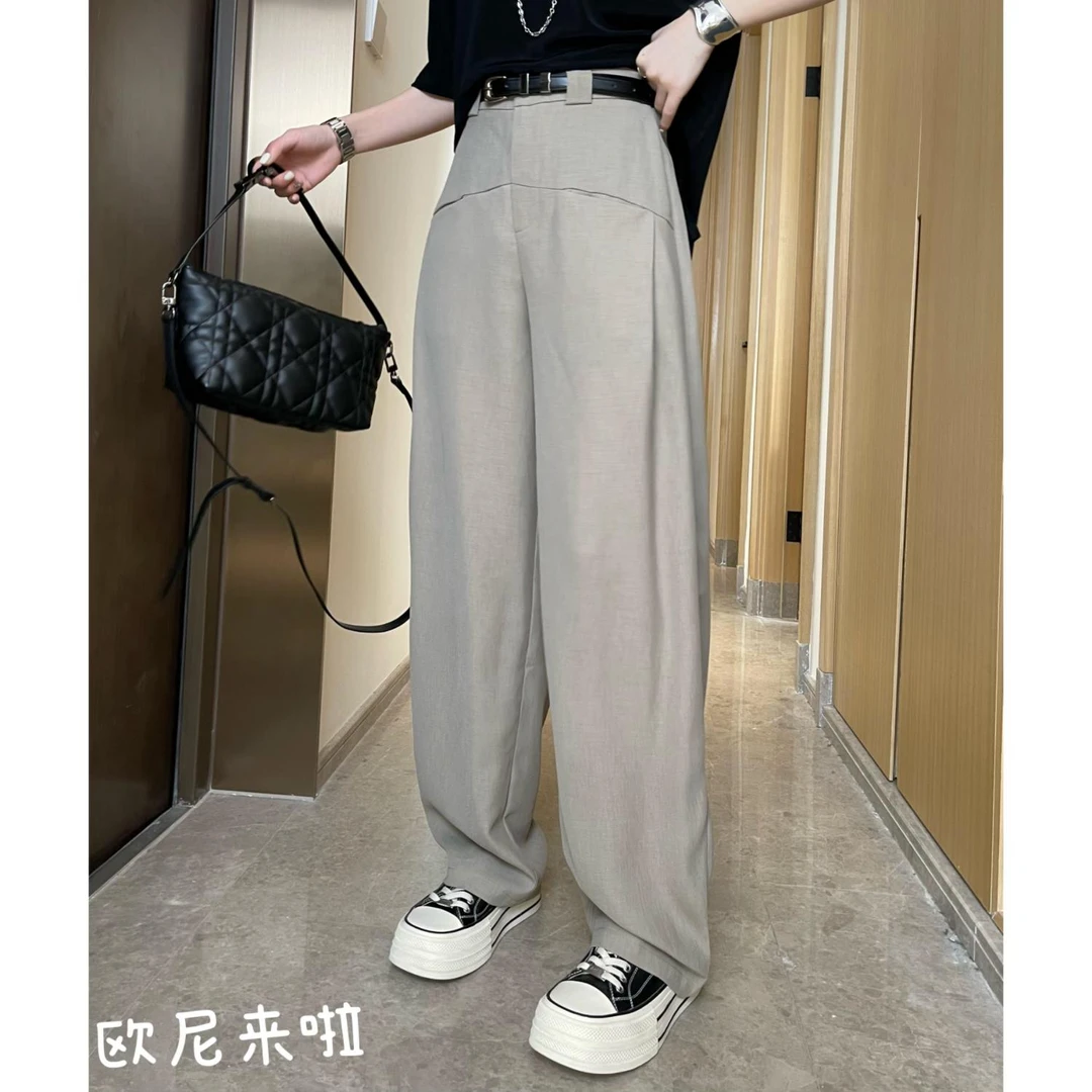 欧尼家【芭莎裤】别致高腰垂感阔腿时尚百搭宽松显瘦西装裤直筒九分
