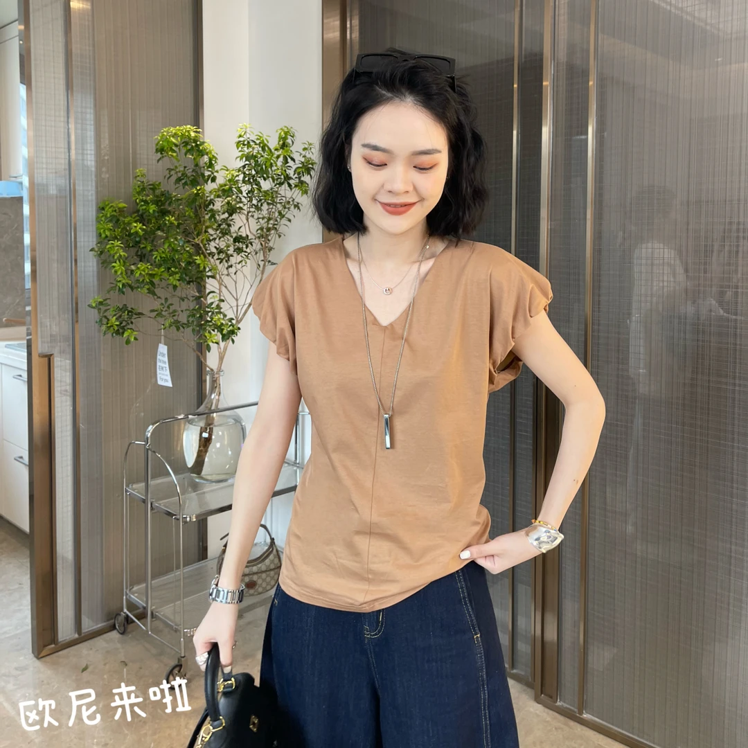 欧尼家【平行线】V领无袖纯色柔软时尚百搭t恤套头夏季简约短袖显瘦