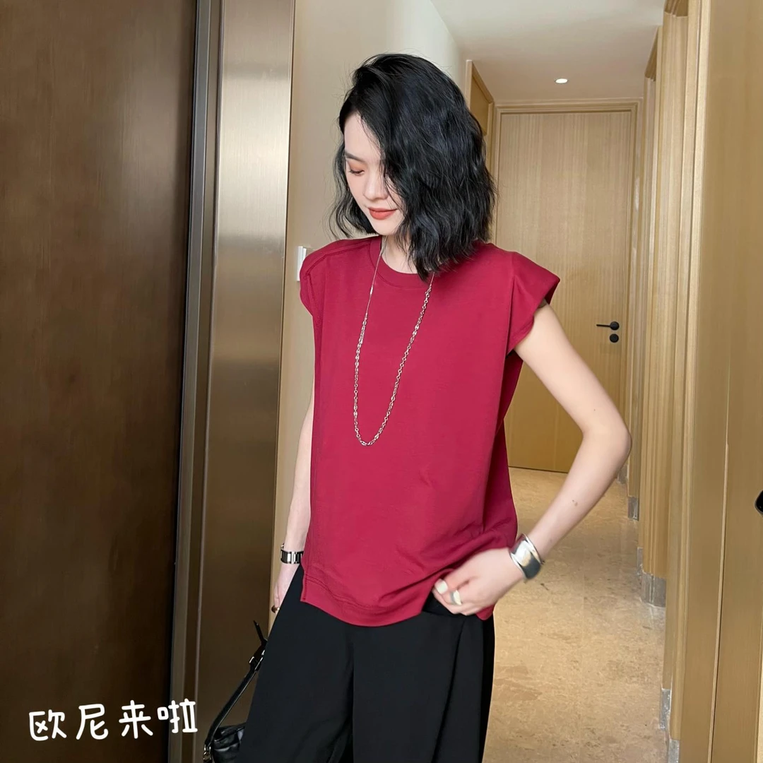 欧尼家【红蔷薇】框架感设计感简约纯色圆领显瘦时尚百搭短袖背心