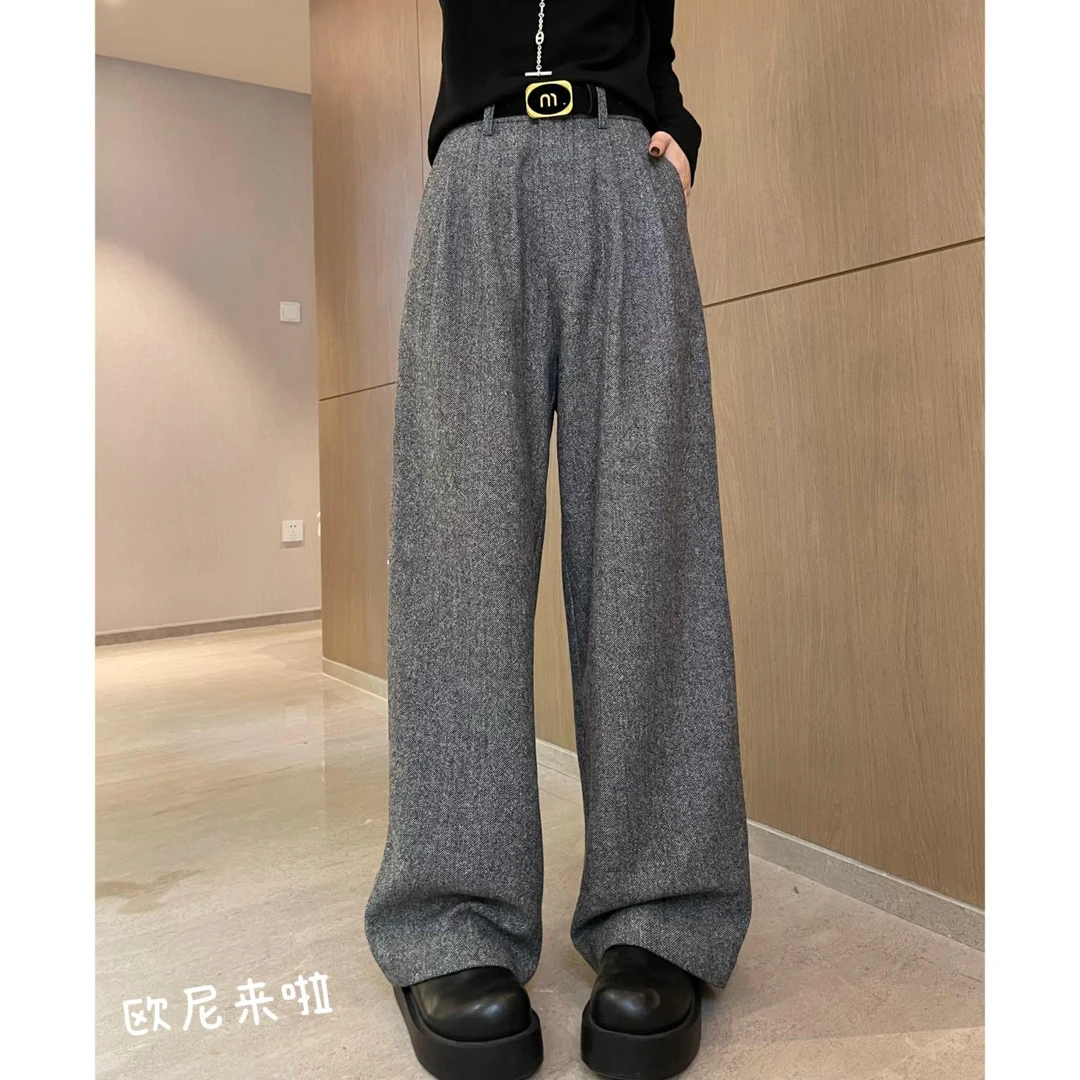 欧尼家【学姐裤】有腰带羊毛秋冬呢感厚款阔腿裤 / 藏肉百搭长裤