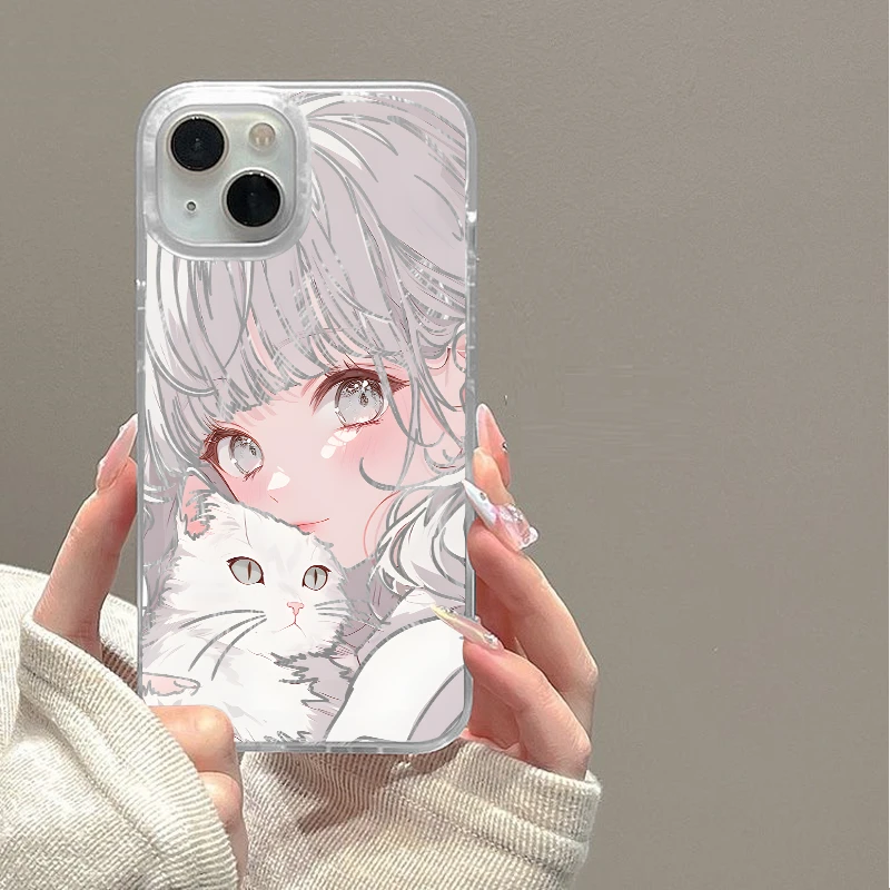抱猫女孩121DY适用防摔潮动漫硬壳苹果华为小米OP一加羽纱手机壳