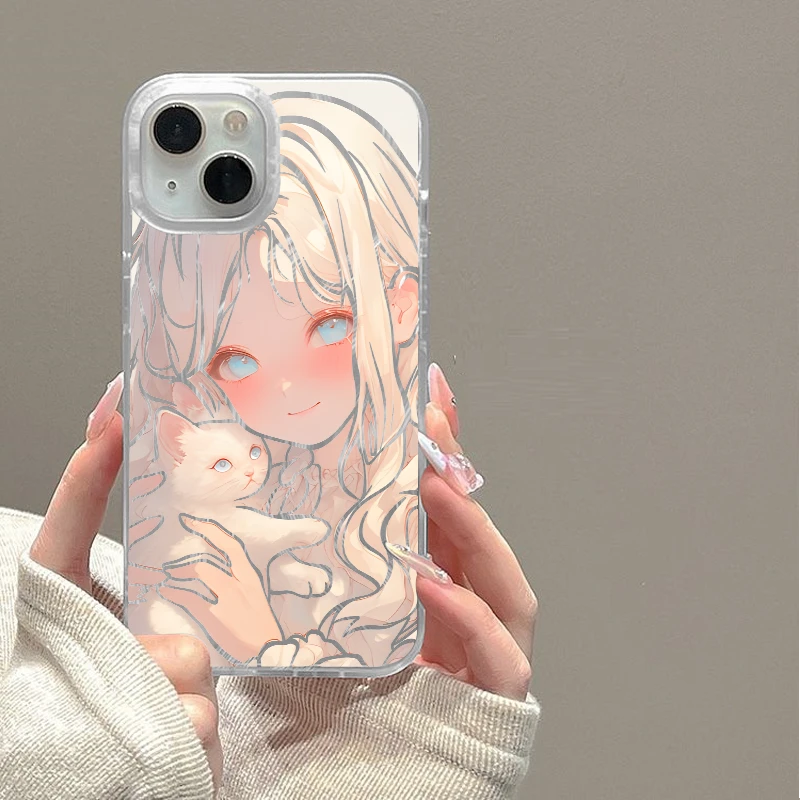 抱猫女孩320动漫硬壳适用于苹果16华为小米OP一加羽纱手机壳