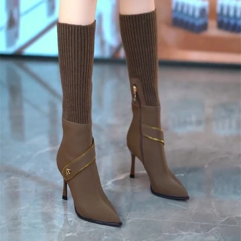 韩版两穿弹力套筒细跟瘦瘦靴女2024秋冬款金属扣带尖头高跟骑士靴