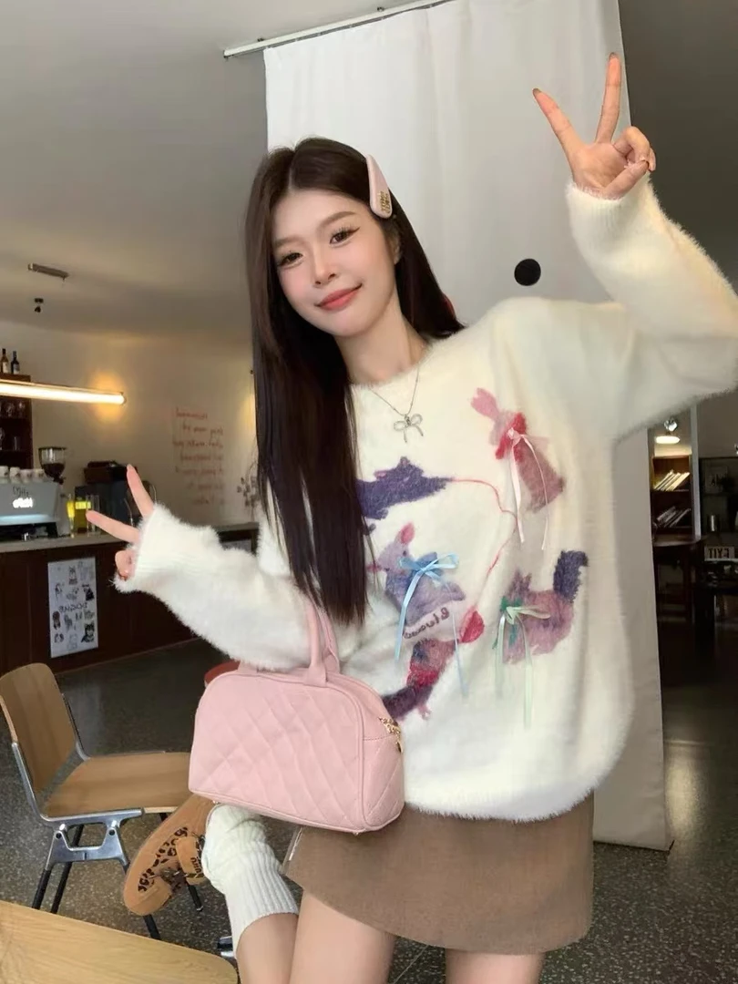 2233秋冬新款甜酷氛围感毛毛圆领套头针织毛衣宽松显瘦长袖上衣潮