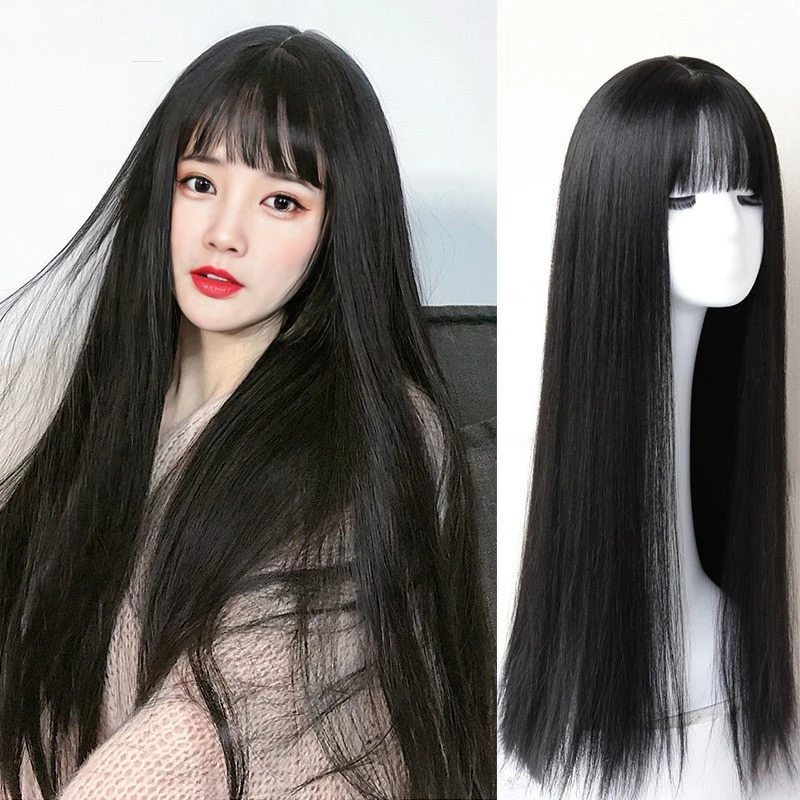 奶奶女长发全头套自然仿真长直发气质修脸网红空气刘海黑色假发套