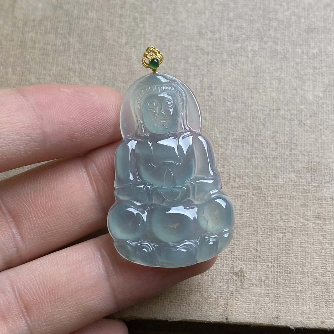 天然A货翡翠 18k精致镶嵌高冰观音精品吊坠(多样性发货)