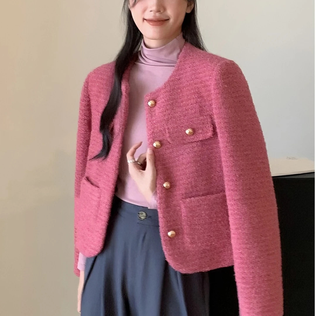 2024秋冬时尚高级感百搭树莓粉粗花呢设计感圈圈毛呢小香风外套女