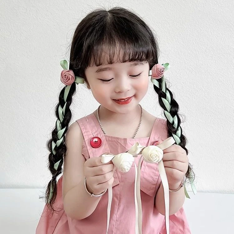 爆款丝带玫瑰花发夹洋气仙女儿童编发头饰小女孩发卡鸭嘴夹