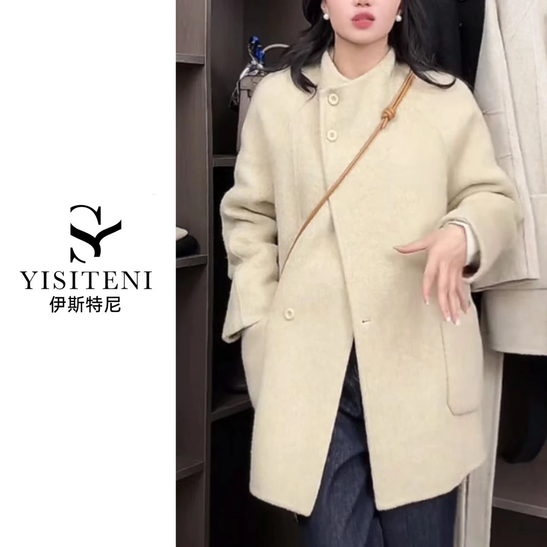 【反季清仓】韩版立领中长款双面羊毛大衣时尚气质休闲毛呢外套秋冬