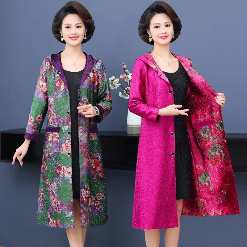 2024新款时尚薄风衣两面穿褶皱外套连帽中国风过膝上衣妈妈装女