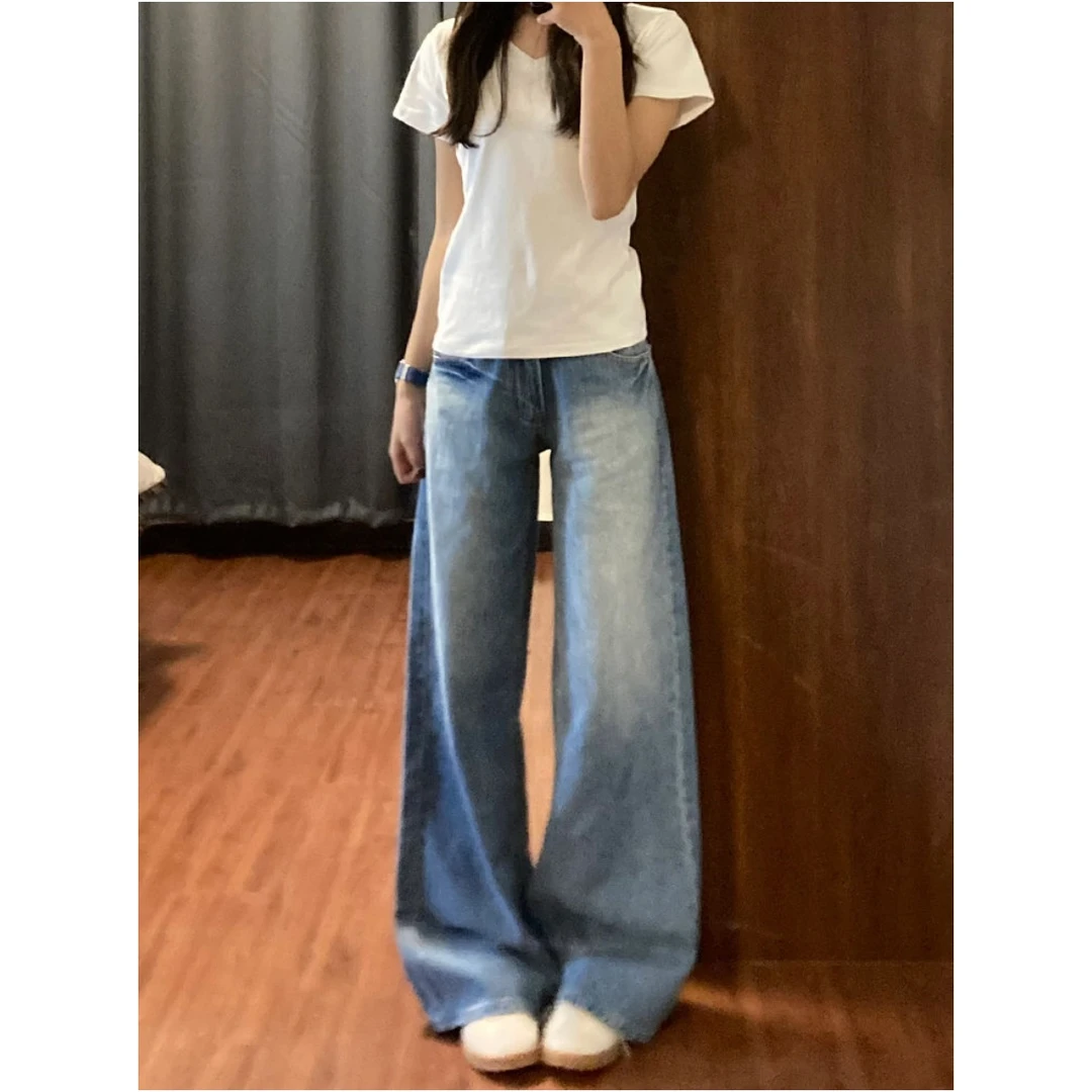 高个子加长版美式复古阔腿牛仔裤女夏季新款高腰直筒宽松拖地裤子